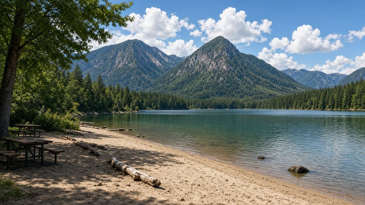Mountain lake beach in a provincial park