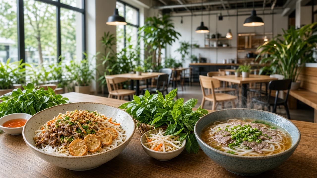 Vietnamese dishes with herbs