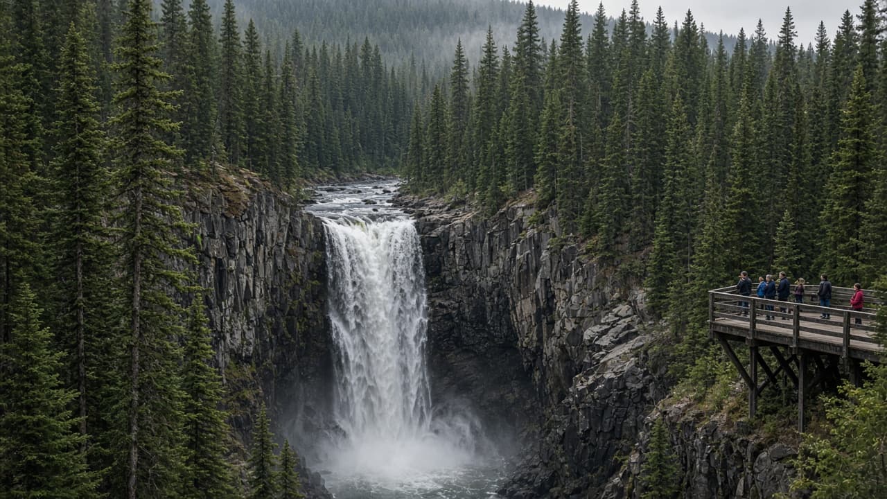 Waterfall in a forested canyon