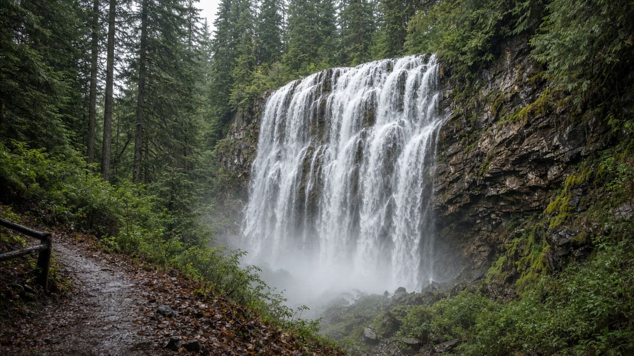 Waterfall dropping through forest