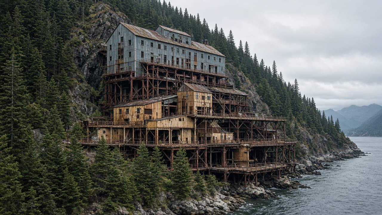 Historic industrial site beside mountains