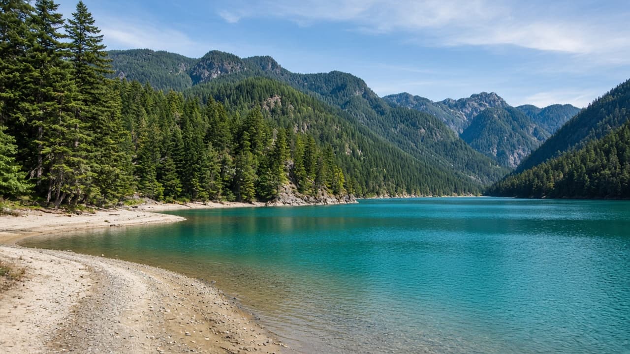 Forest reservoir lake in the mountains