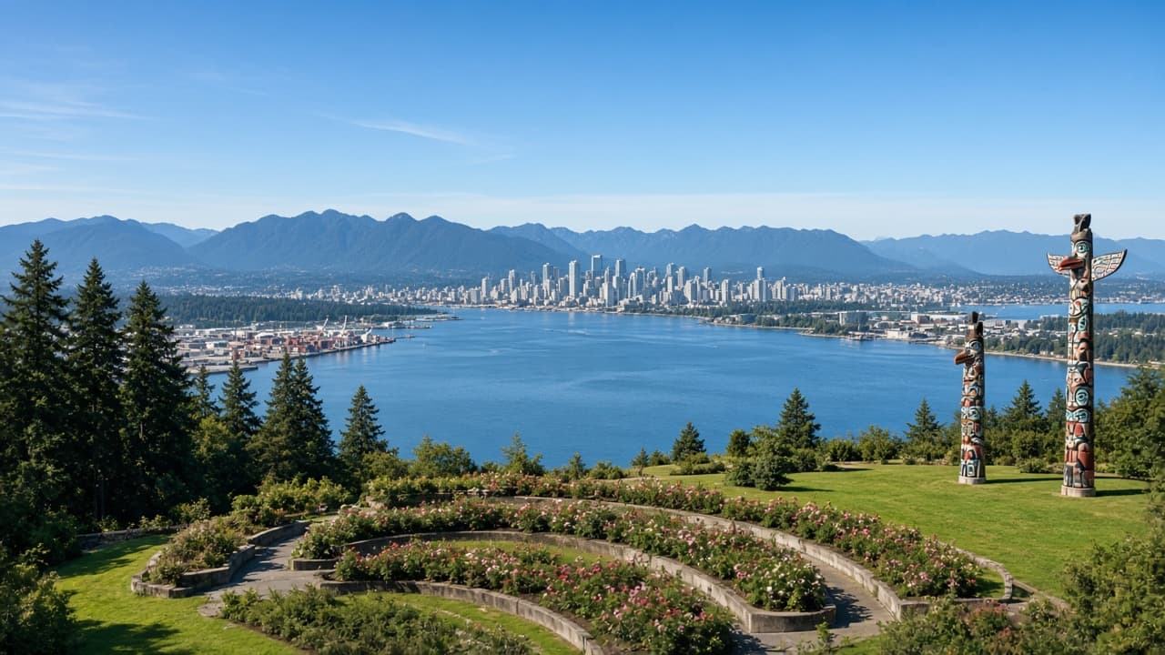 Mountain viewpoint above a city and water