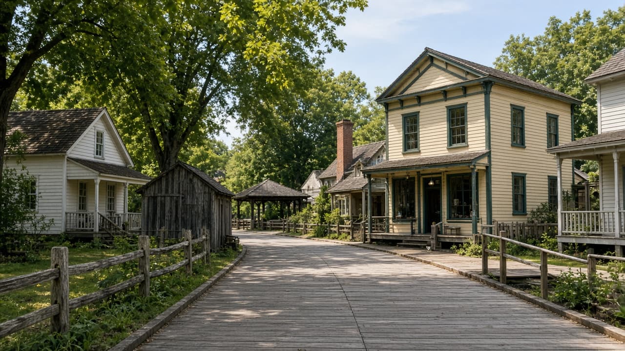 Heritage wooden buildings on a village street