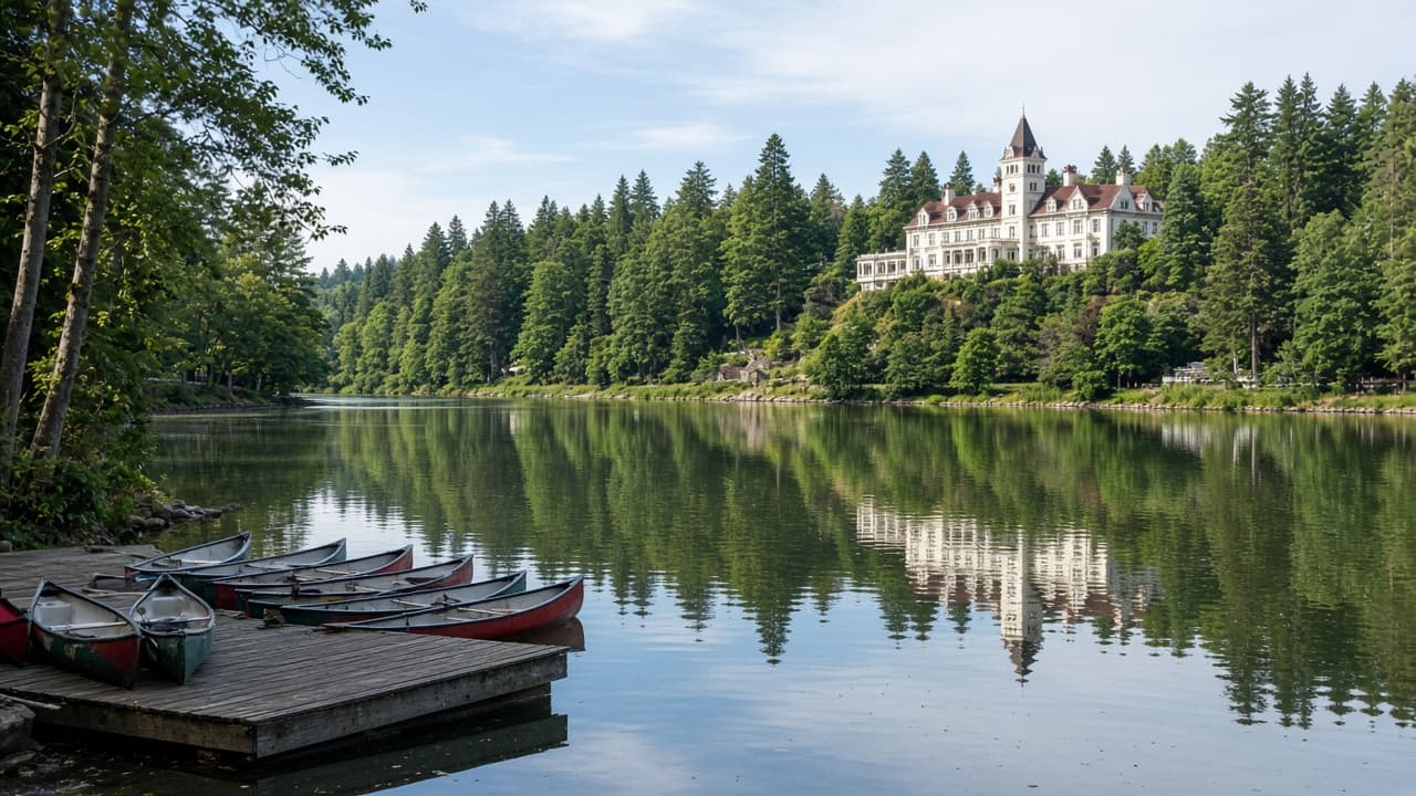 Calm lake surrounded by forest and parkland
