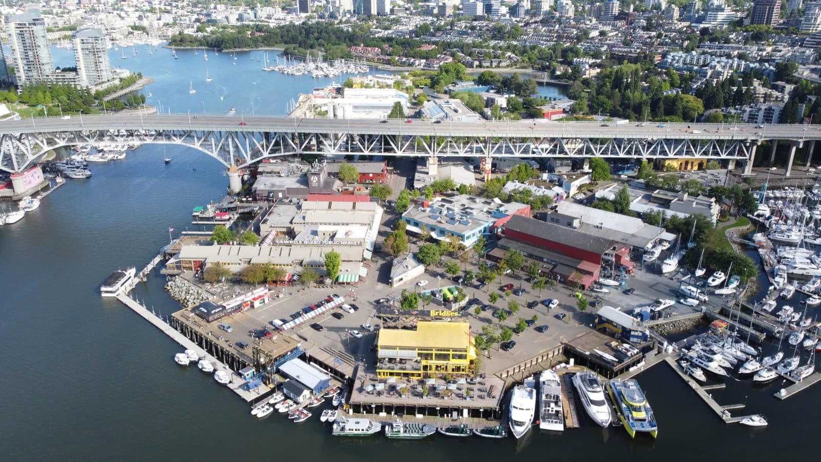 Granville Island from the air, under the Granville Street Bridge