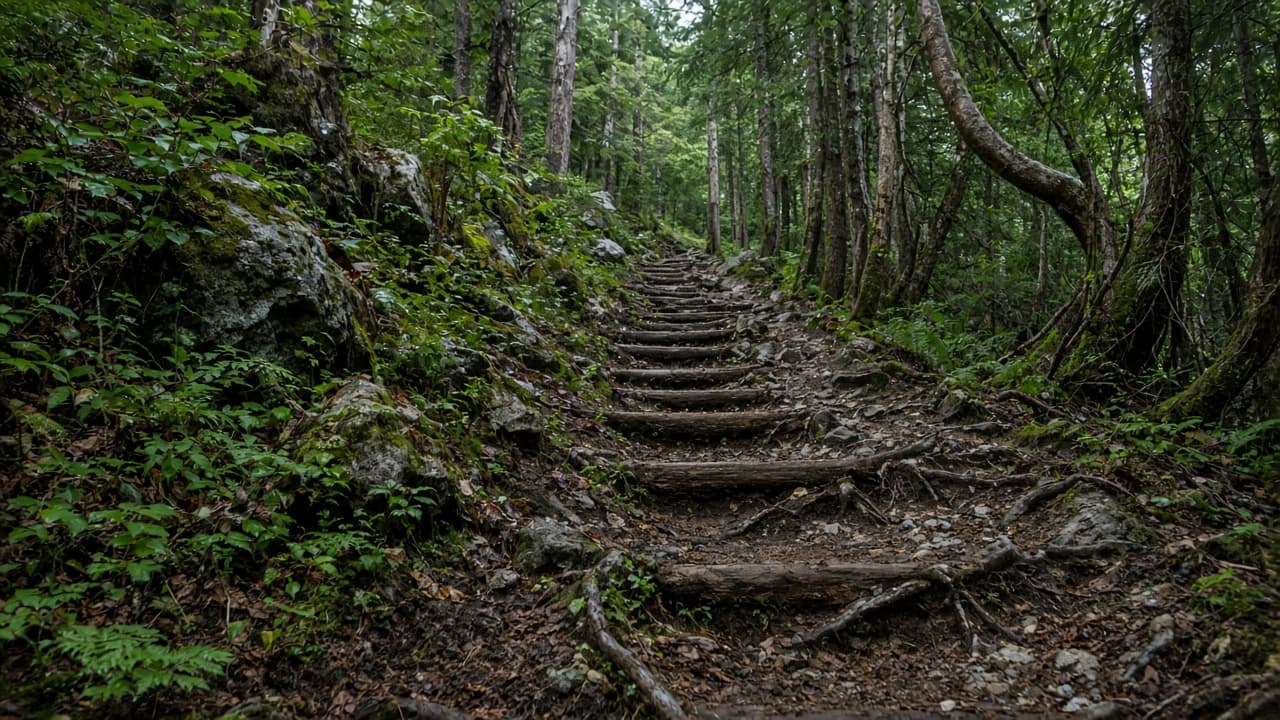 Hikers on a steep forest trail
