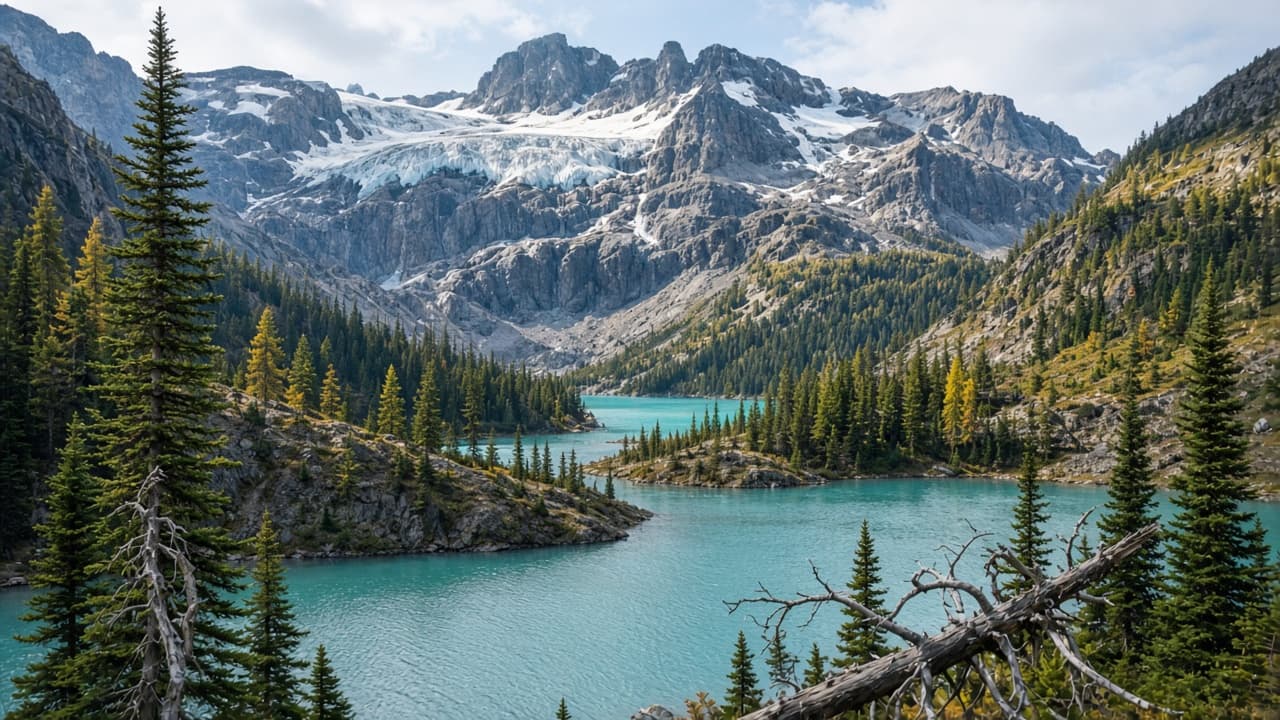 Turquoise alpine lake under peaks