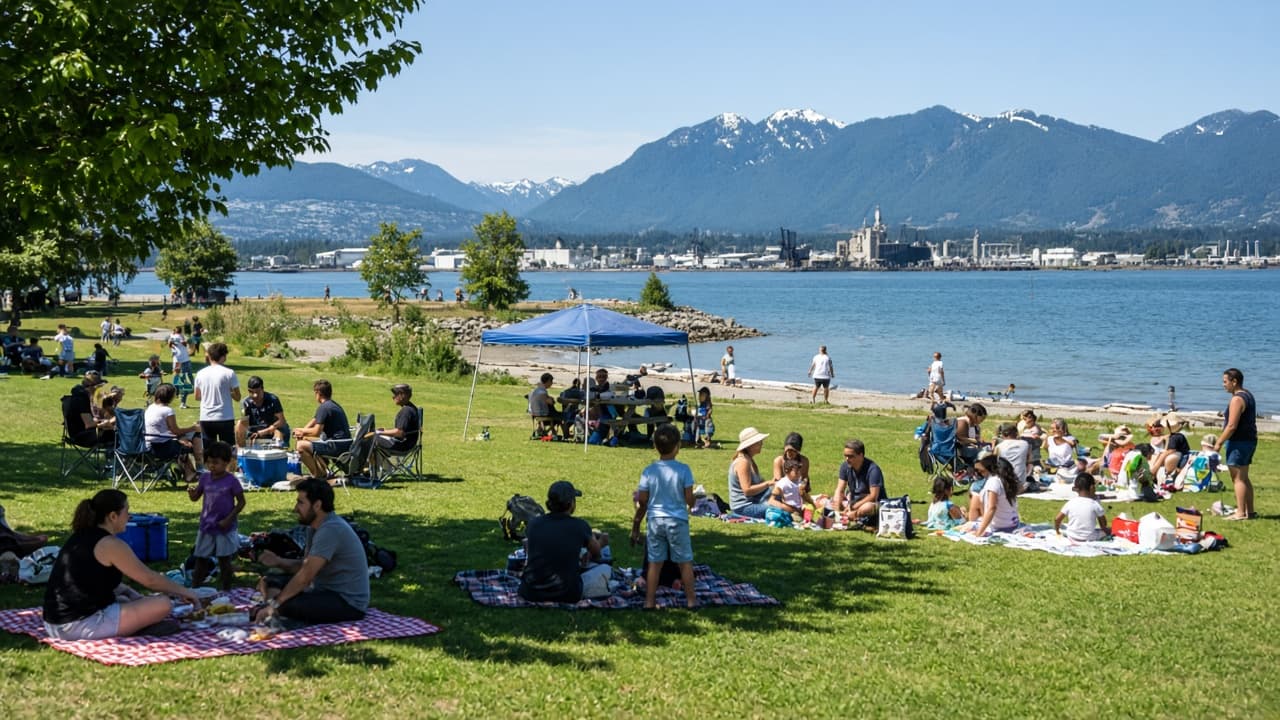 People gathered on a grassy waterfront park