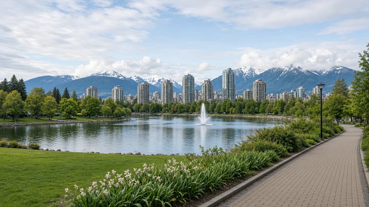 City lake with fountain and park