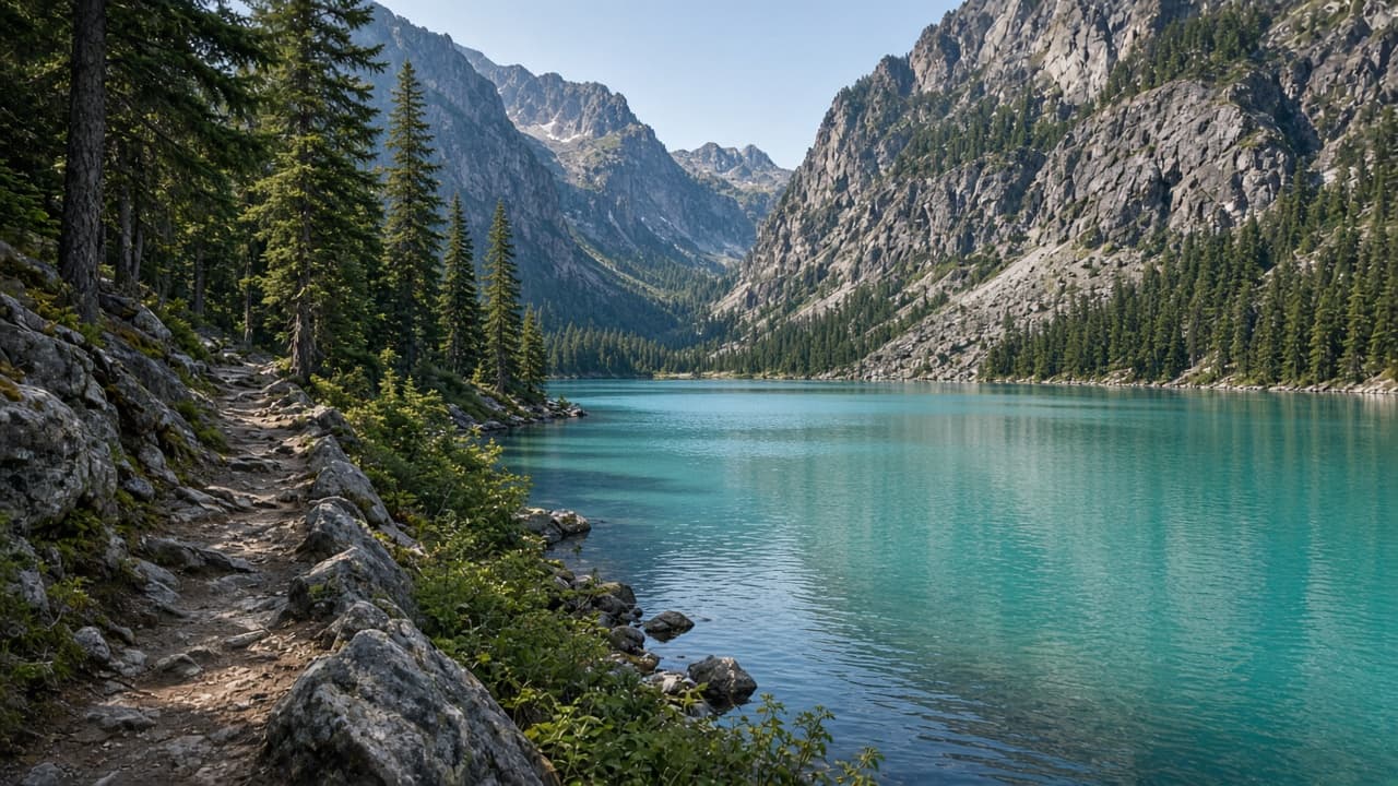 Alpine-coloured lake in forest mountains