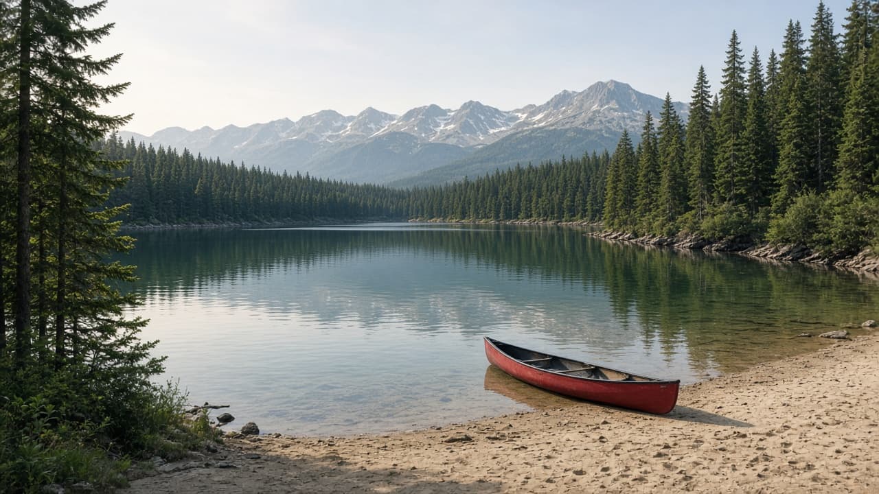 Forest lake with mountain backdrop