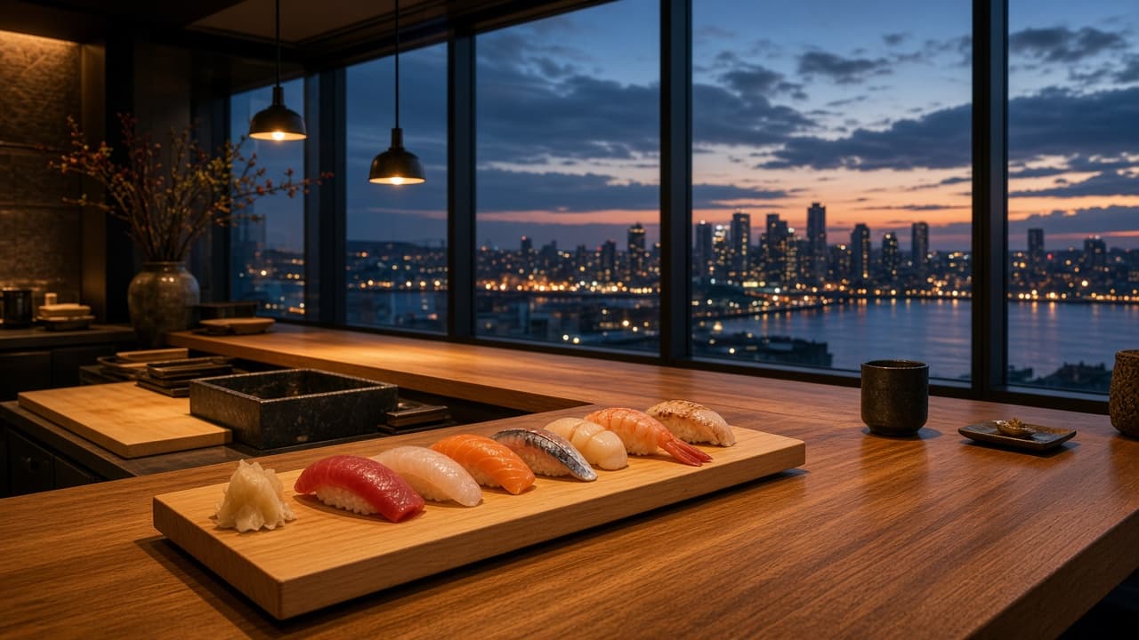 Nigiri sushi on a dark plate