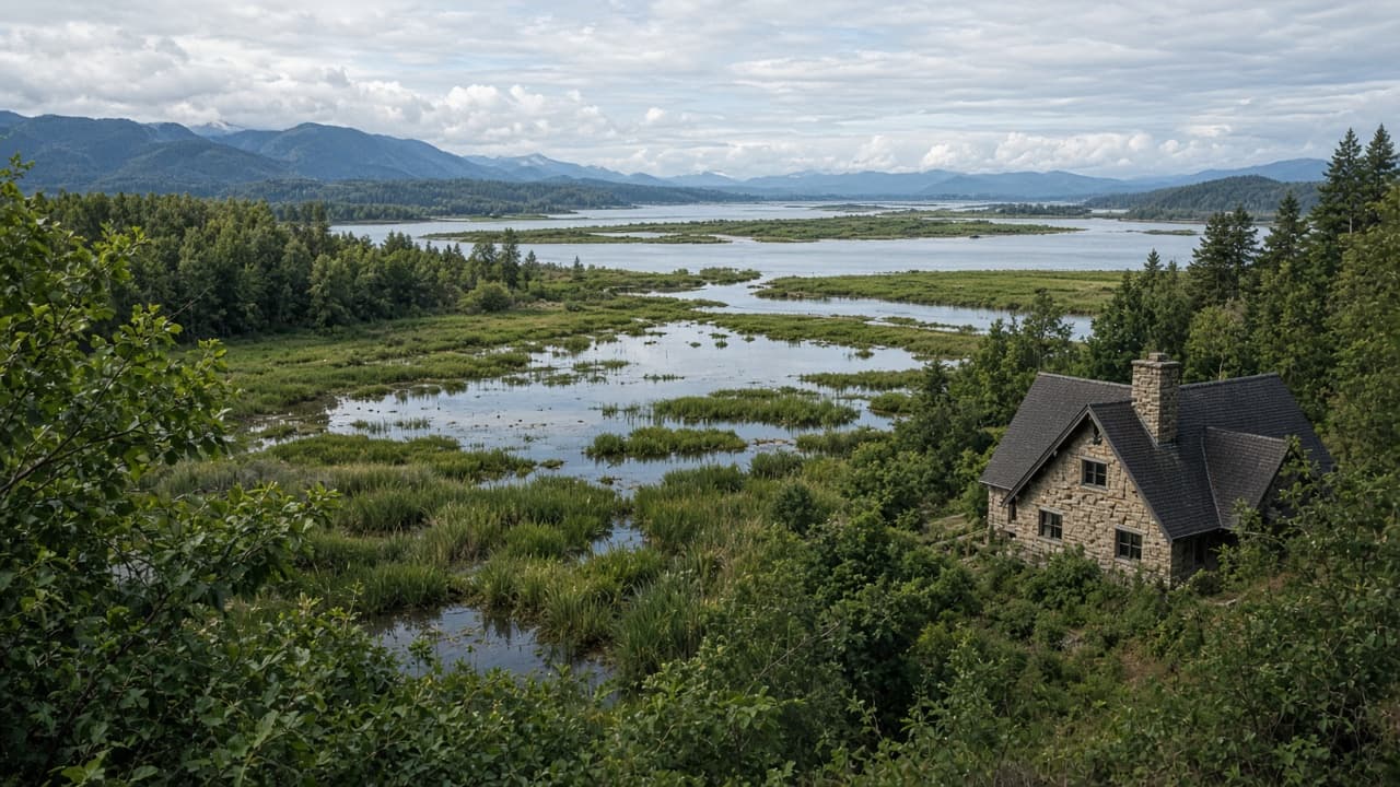 Green marsh and meadow under a wide sky