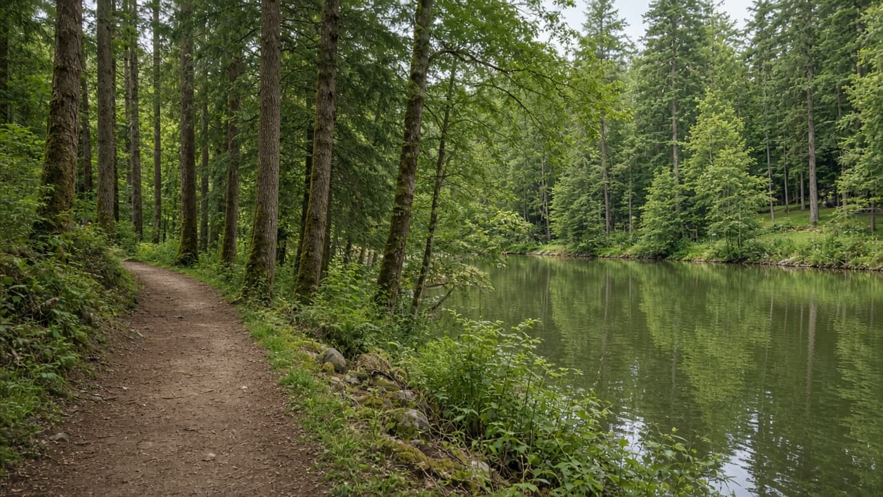 Forest trail through second-growth trees