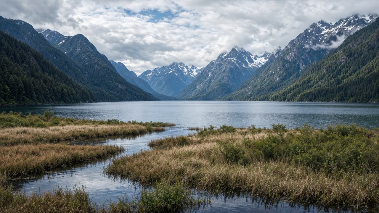 Wide tidal lake under mountains