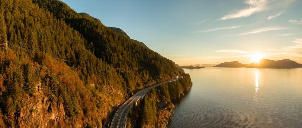 The Sea to Sky Highway along Howe Sound at sunset
