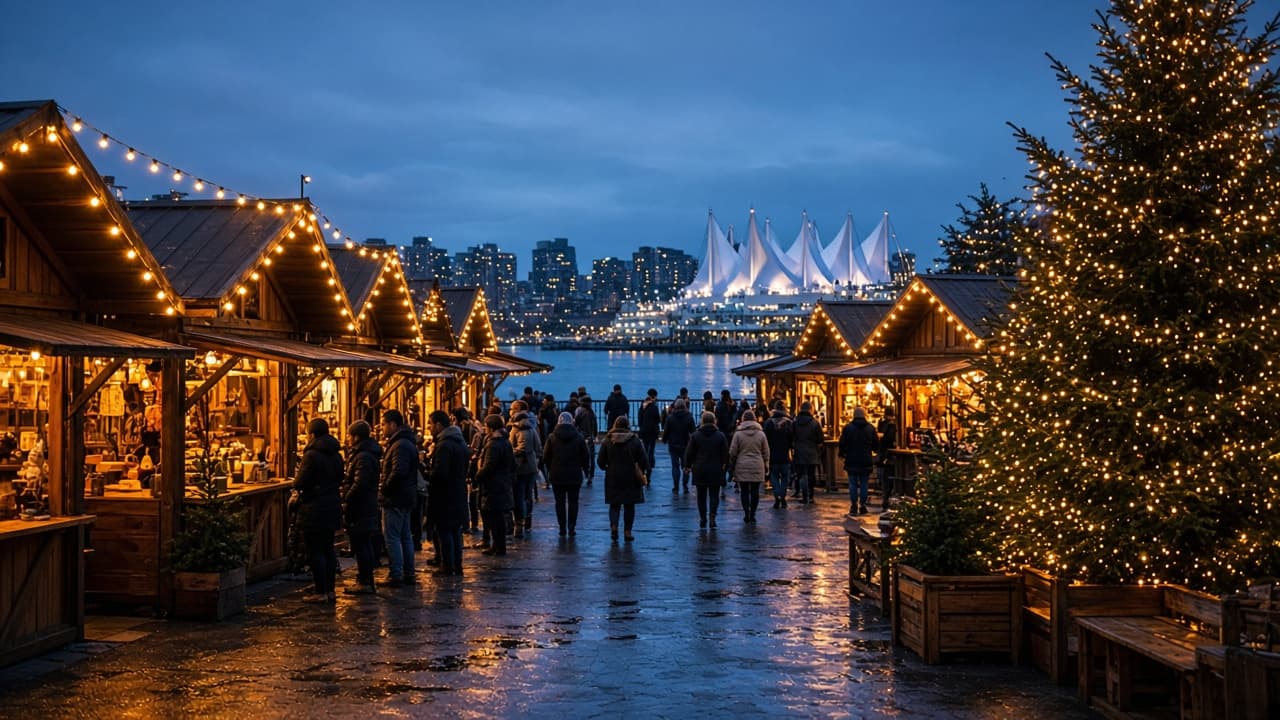 Warm holiday lights on a winter evening