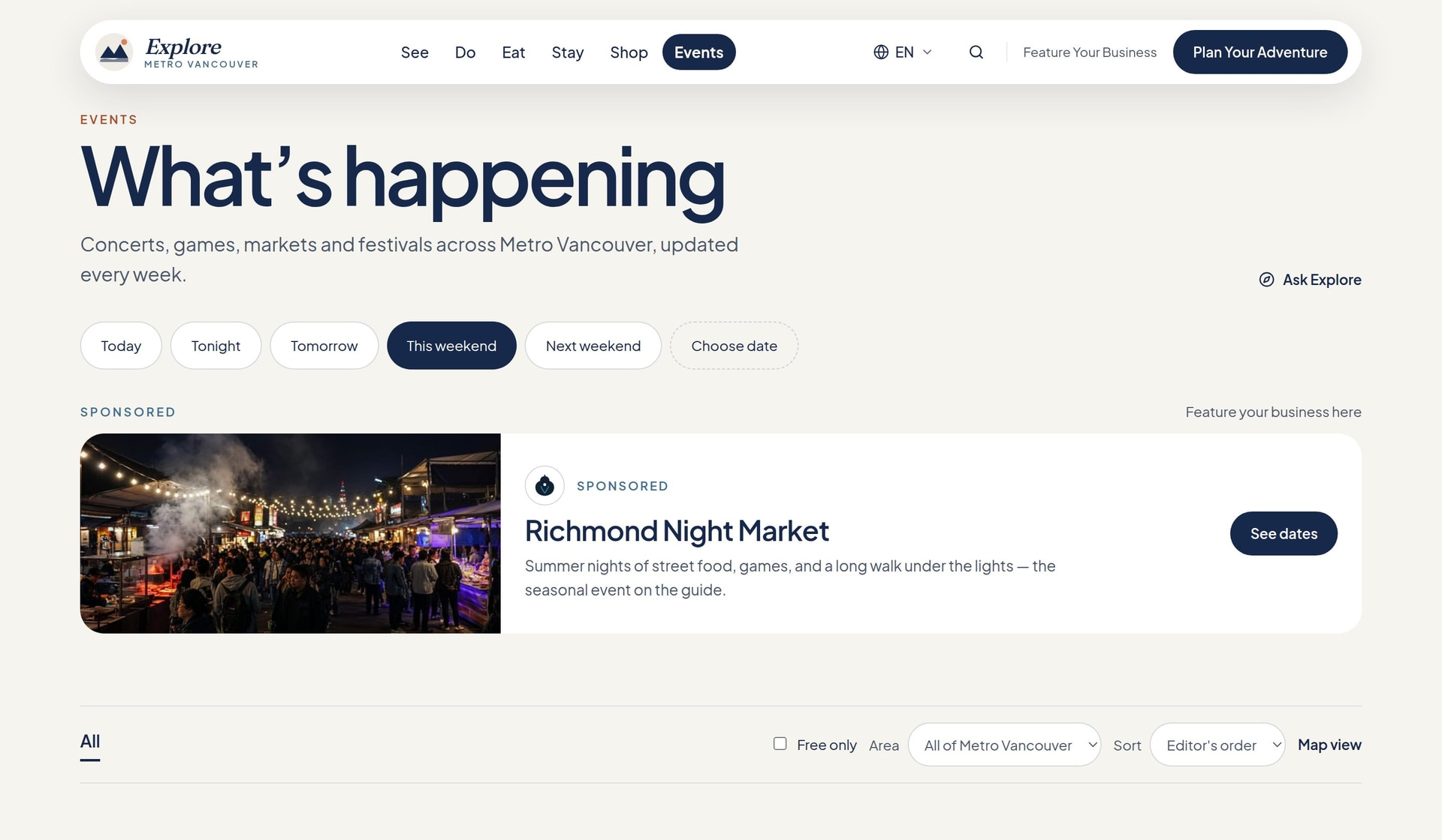 Events page showing what’s happening this weekend on Explore Metro Vancouver
