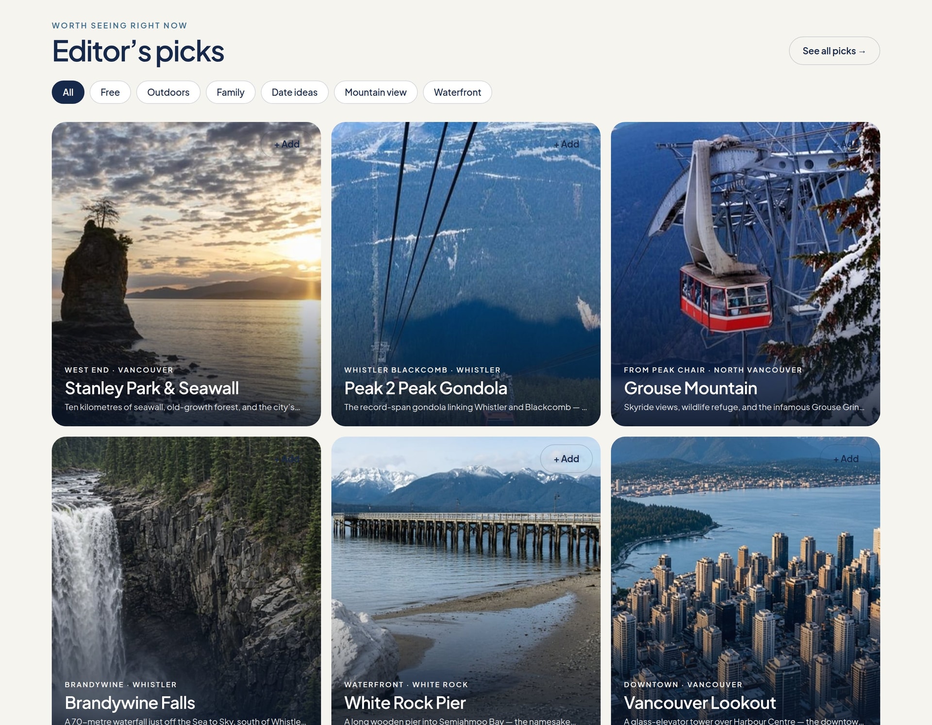 Editor’s picks grid on the Explore Metro Vancouver homepage