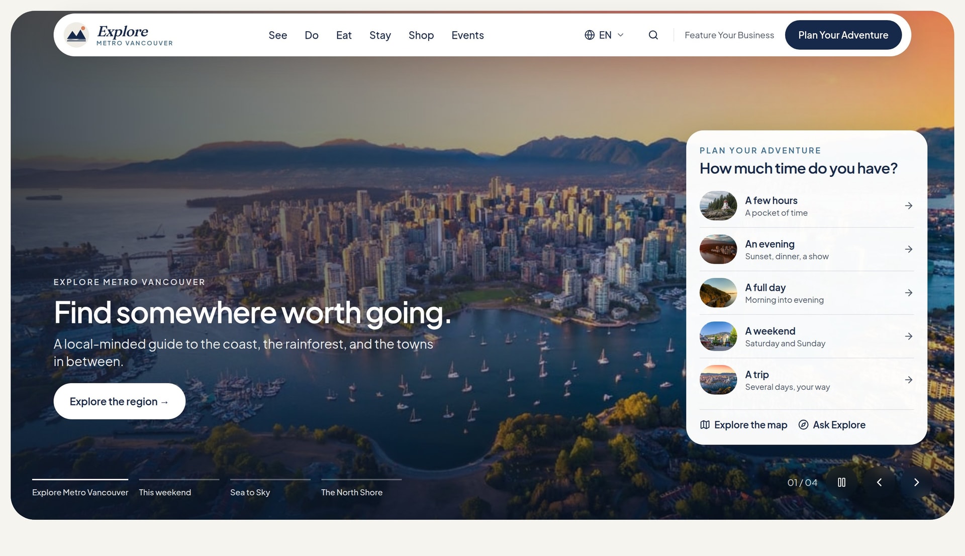 Explore Metro Vancouver homepage: search, quick filters, and the Plan Your Adventure card