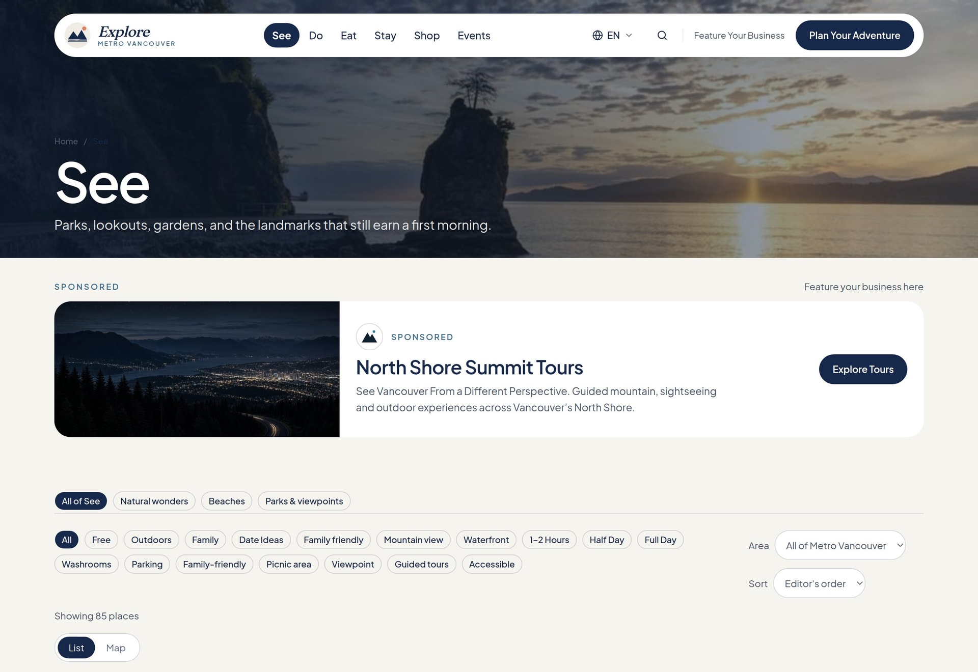 See page with a labelled Sponsored slot above filters and places