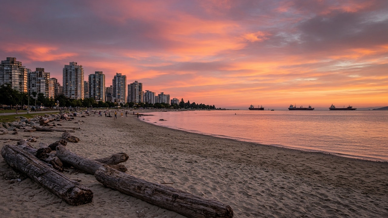 English Bay at dusk with the West End skyline