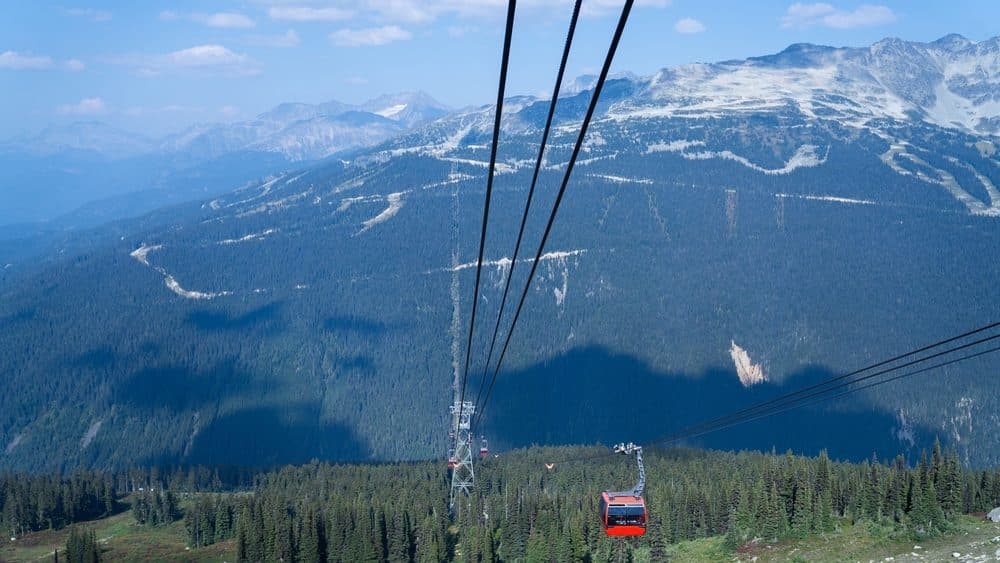 A Peak 2 Peak gondola over alpine forest between Whistler and Blackcomb