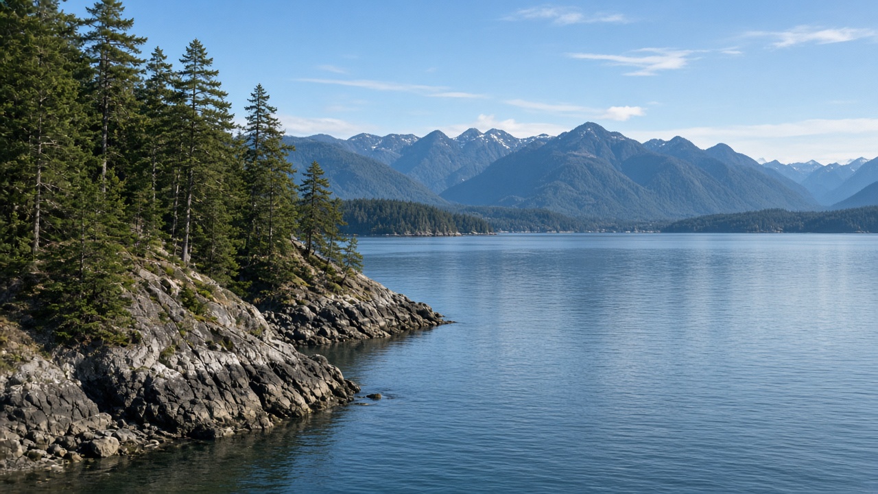 Rocky forested point on Indian Arm in Belcarra