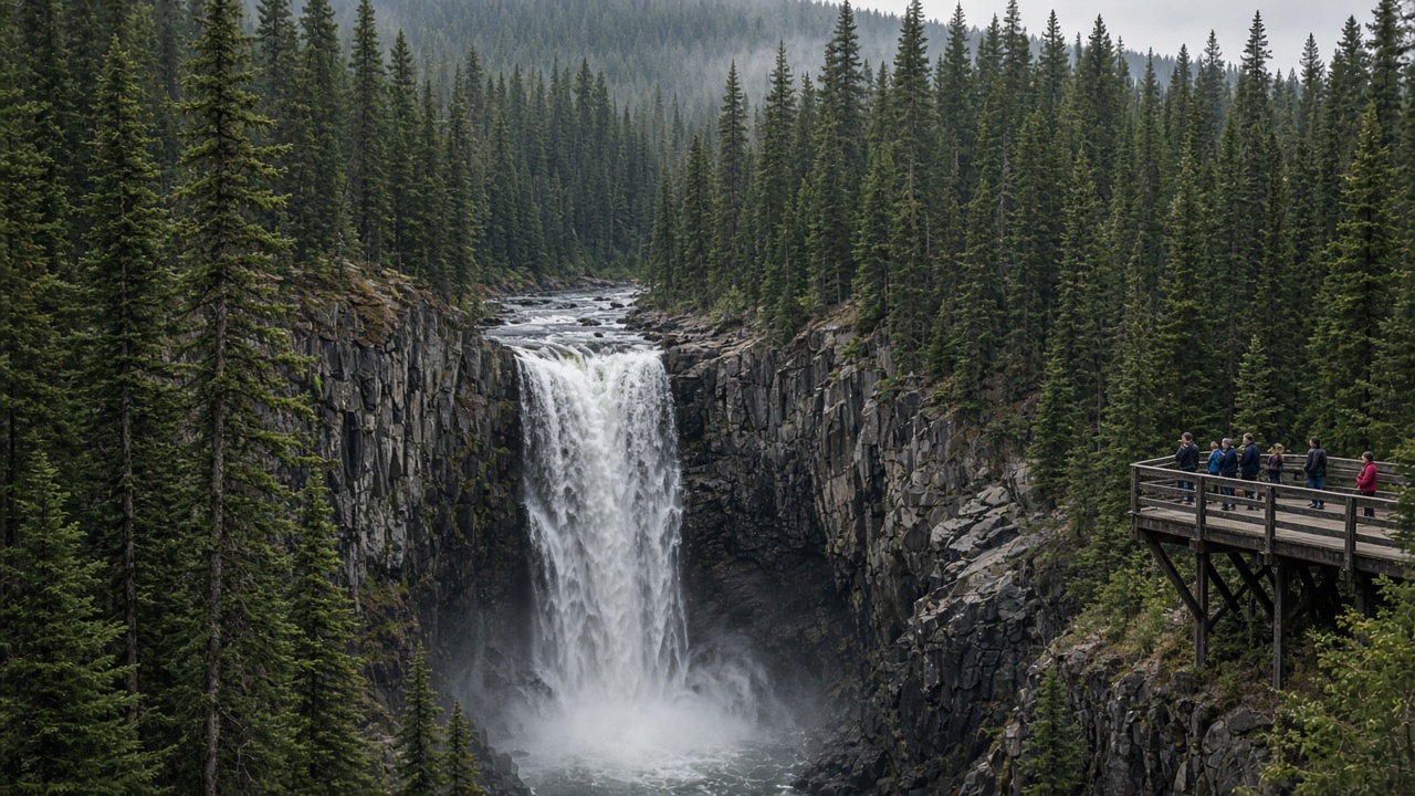 Waterfall in a forested canyon