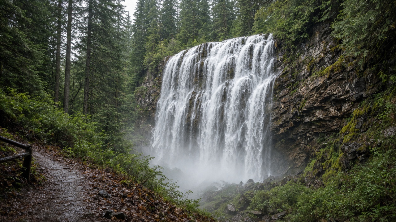 Waterfall dropping through forest