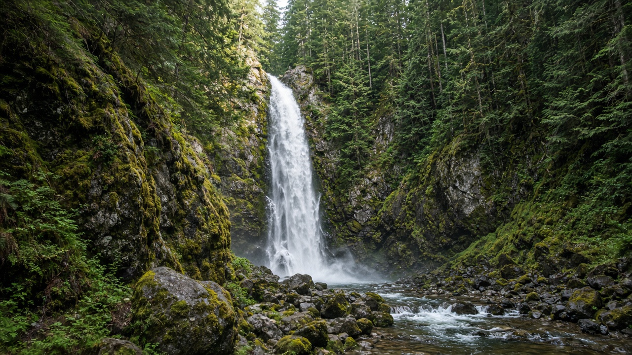 Waterfall dropping through a forested canyon in Mission