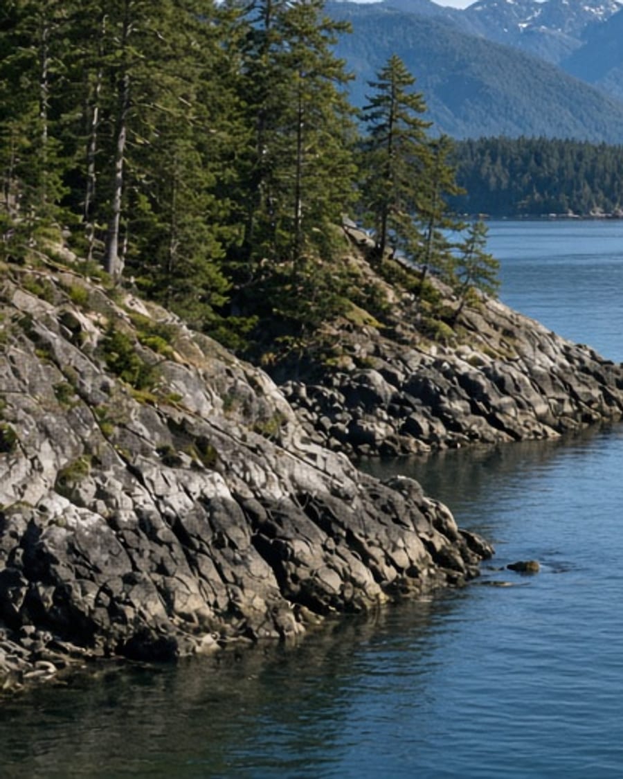 Rocky forested point on Indian Arm in Belcarra