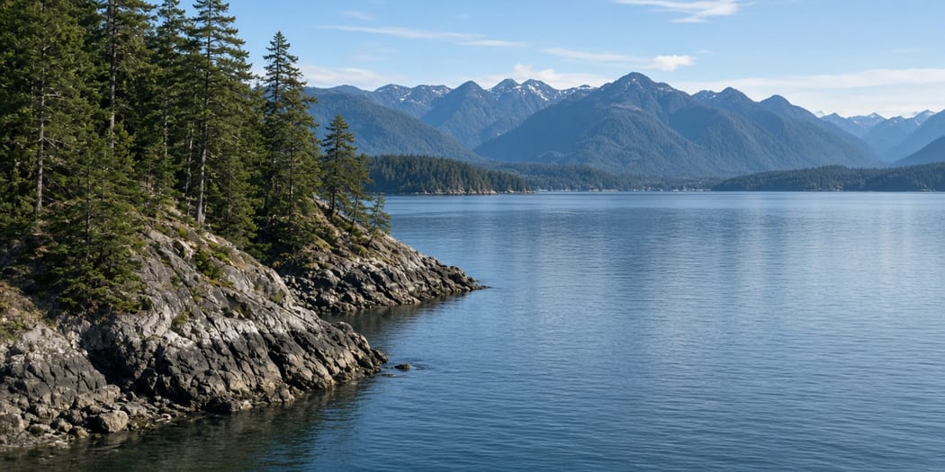 Rocky forested point on Indian Arm in Belcarra