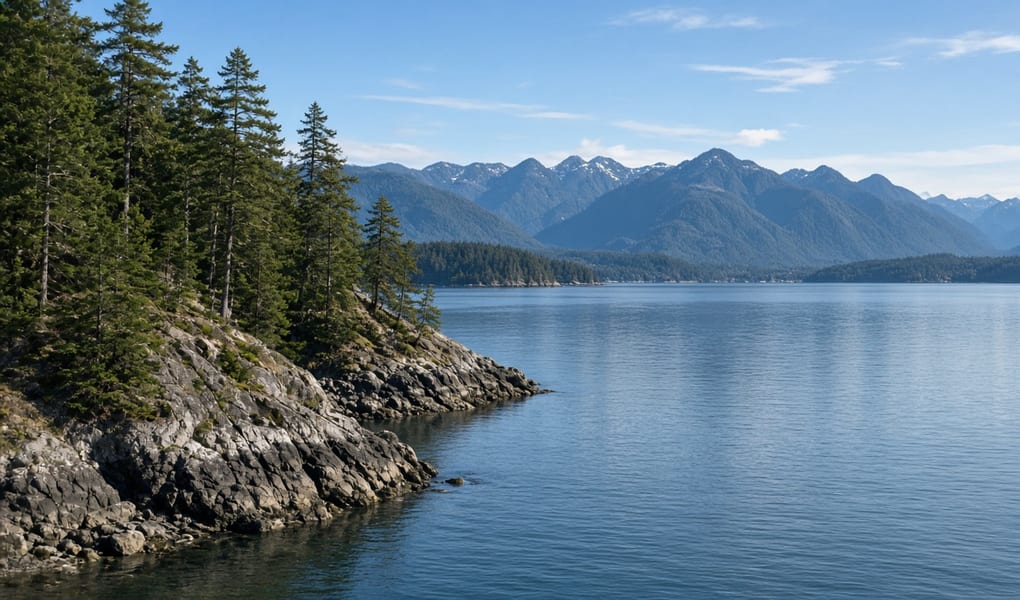 Rocky forested point on Indian Arm in Belcarra