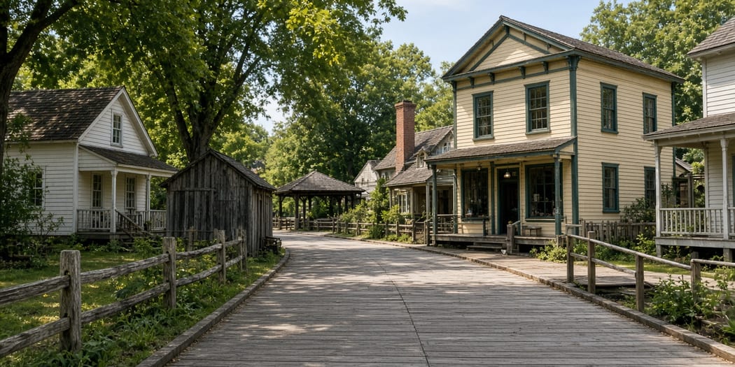 Heritage wooden buildings on a village street