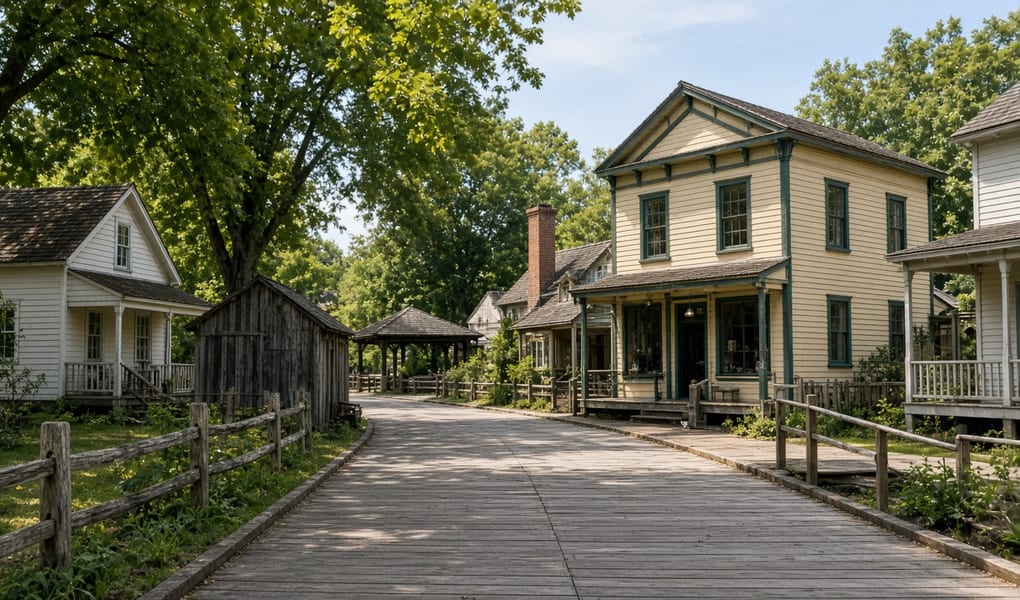 Heritage wooden buildings on a village street