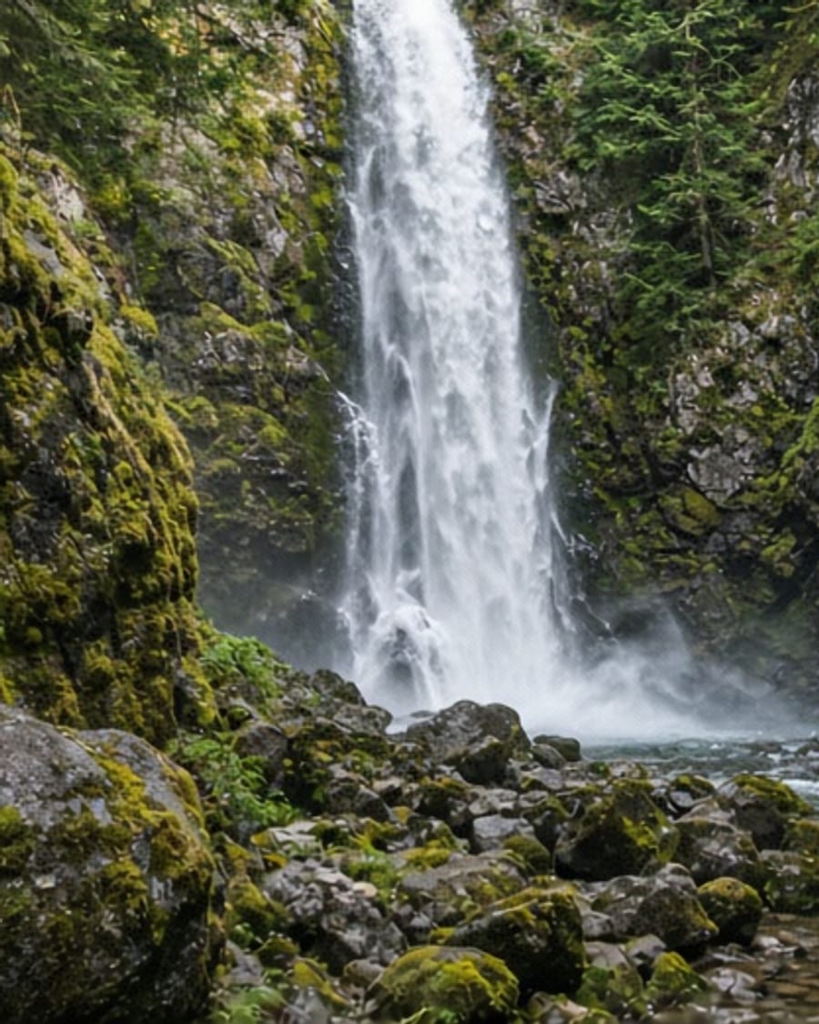 Waterfall dropping through a forested canyon in Mission
