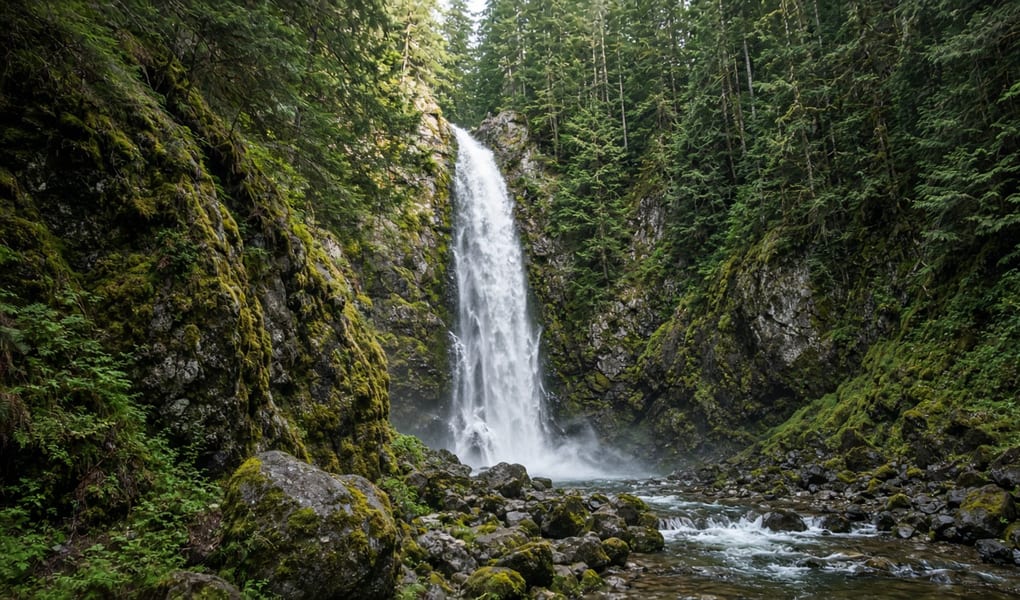 Waterfall dropping through a forested canyon in Mission