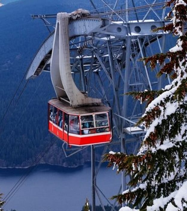 The Grouse Mountain Skyride over snowy forest, the city, and the Salish Sea