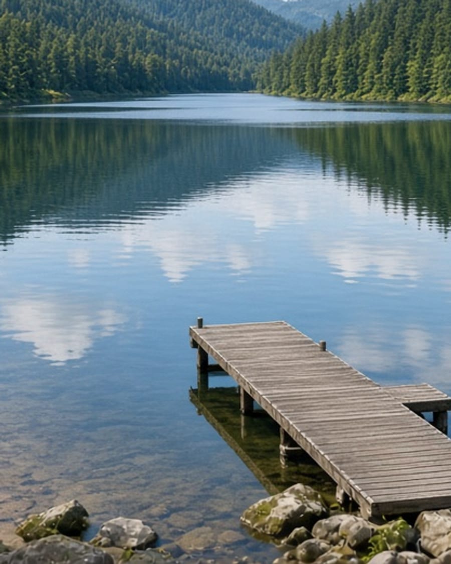Forest reservoir and swimming beach at Hayward Lake
