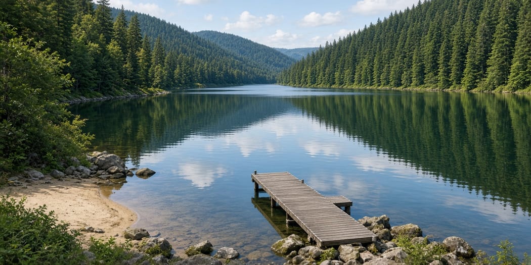 Forest reservoir and swimming beach at Hayward Lake