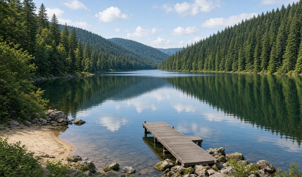 Forest reservoir and swimming beach at Hayward Lake