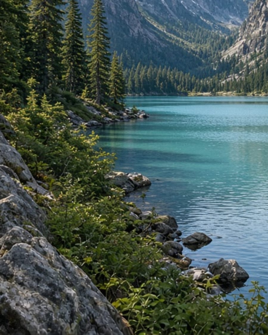 Alpine-coloured lake in forest mountains
