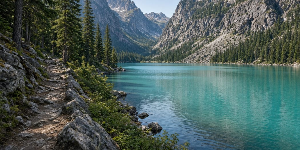 Alpine-coloured lake in forest mountains