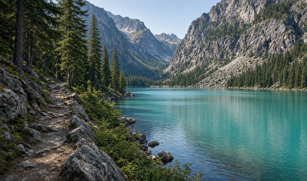 Alpine-coloured lake in forest mountains