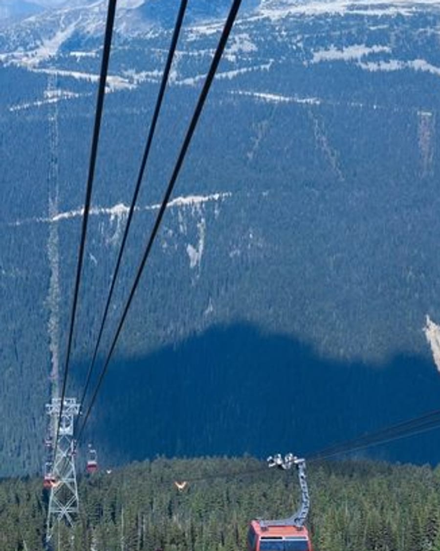 A Peak 2 Peak gondola over alpine forest between Whistler and Blackcomb