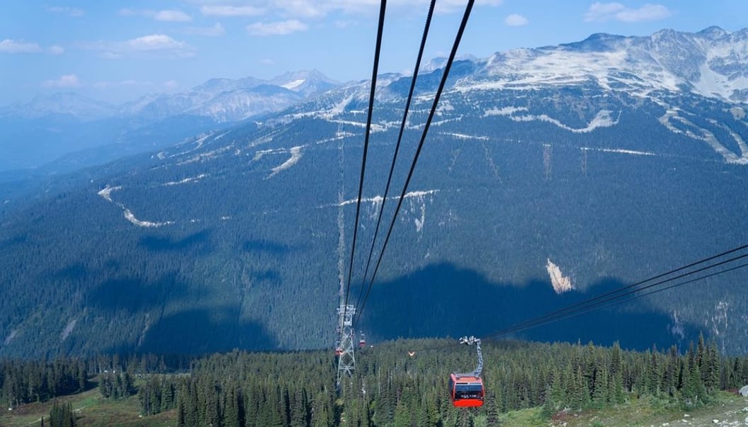 A Peak 2 Peak gondola over alpine forest between Whistler and Blackcomb