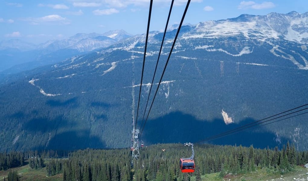A Peak 2 Peak gondola over alpine forest between Whistler and Blackcomb