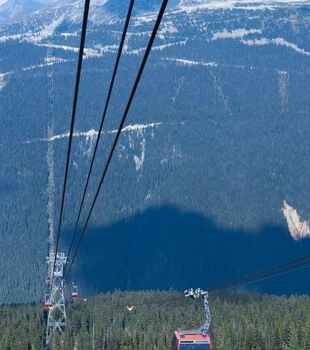 A Peak 2 Peak gondola over alpine forest between Whistler and Blackcomb